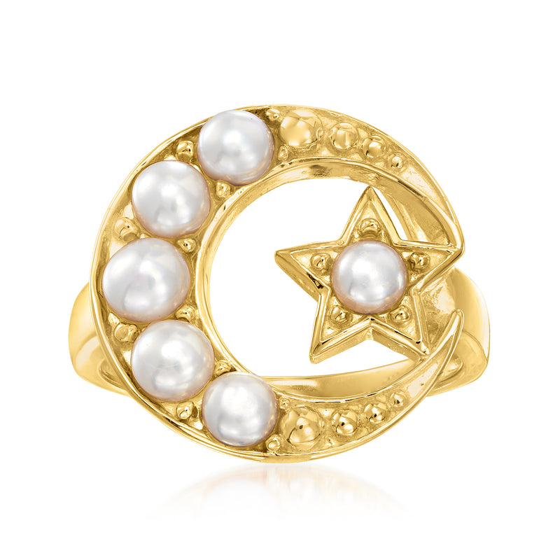 Gold over sterling ring with star and moon pearl accents