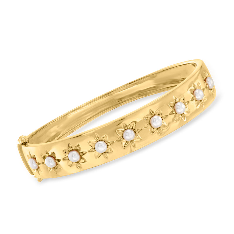 18k gold over sterling bangle with small white pearl sunburst accents