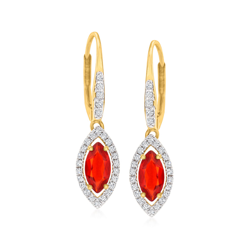 14kt yellow gold drop earrings with red fire opal and diamond halo, leverback