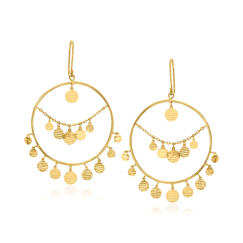 Gold over sterling hoop drop earrings with round disc charm dangles