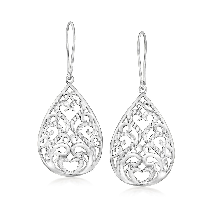 Sterling silver teardrop filigree drop earrings with heart motifs and earwire hooks