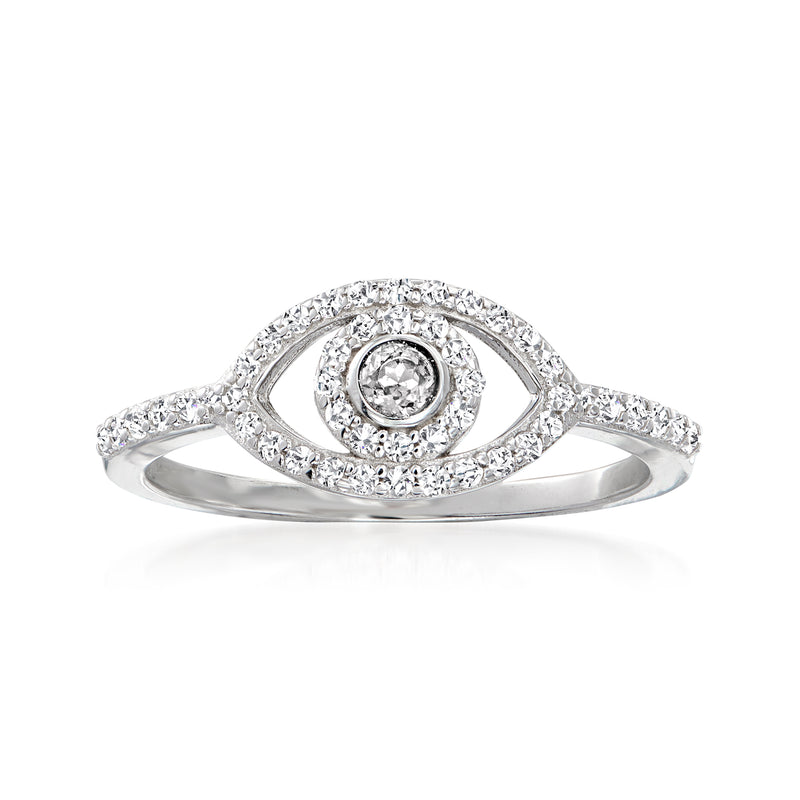 Sterling silver evil eye CZ ring with round halo and teardrop side stones