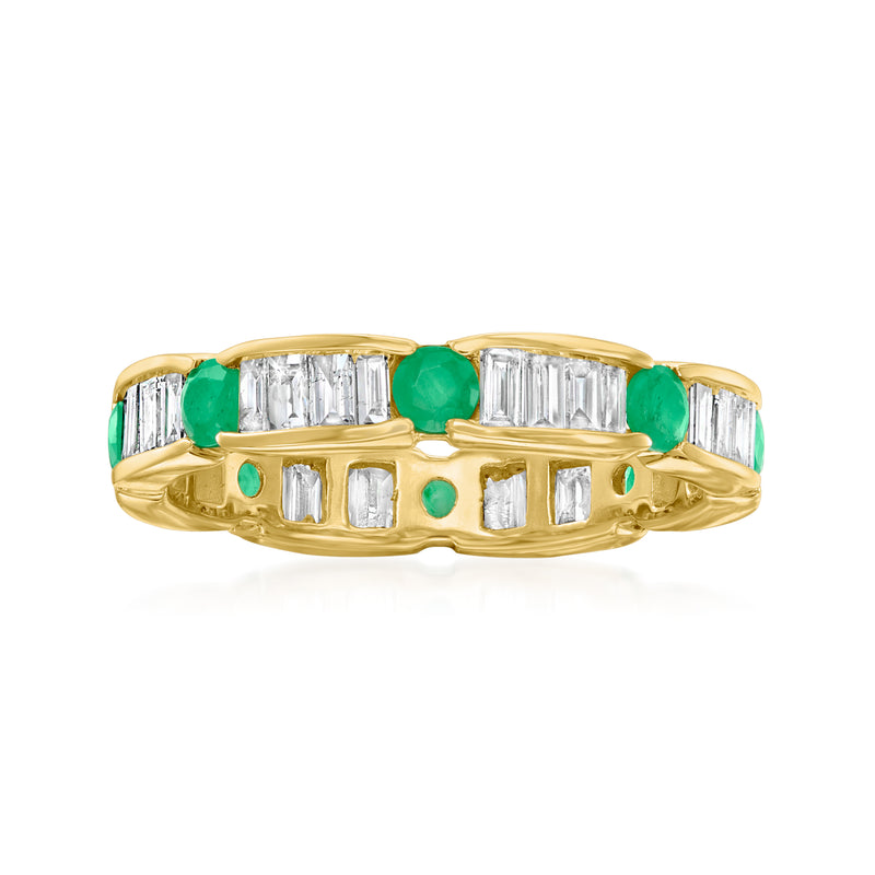 14kt yellow gold eternity ring with green emeralds and baguette-cut diamonds, shared prongs