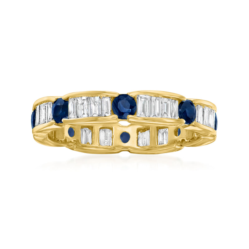 14kt yellow gold eternity band with blue sapphires and baguette diamonds, alternating rows