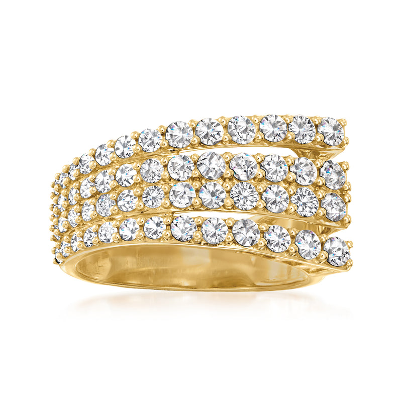 14kt yellow gold diamond fan ring with three rows of round white stones