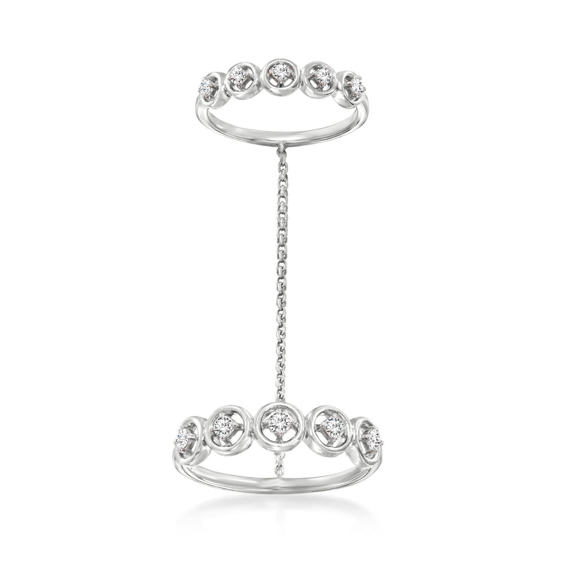 Sterling silver diamond double-ring with dangling center chain
