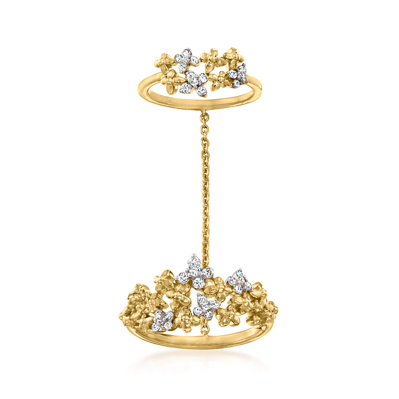 Gold flower double-ring with dangling diamond cluster, 18kt gold over sterling
