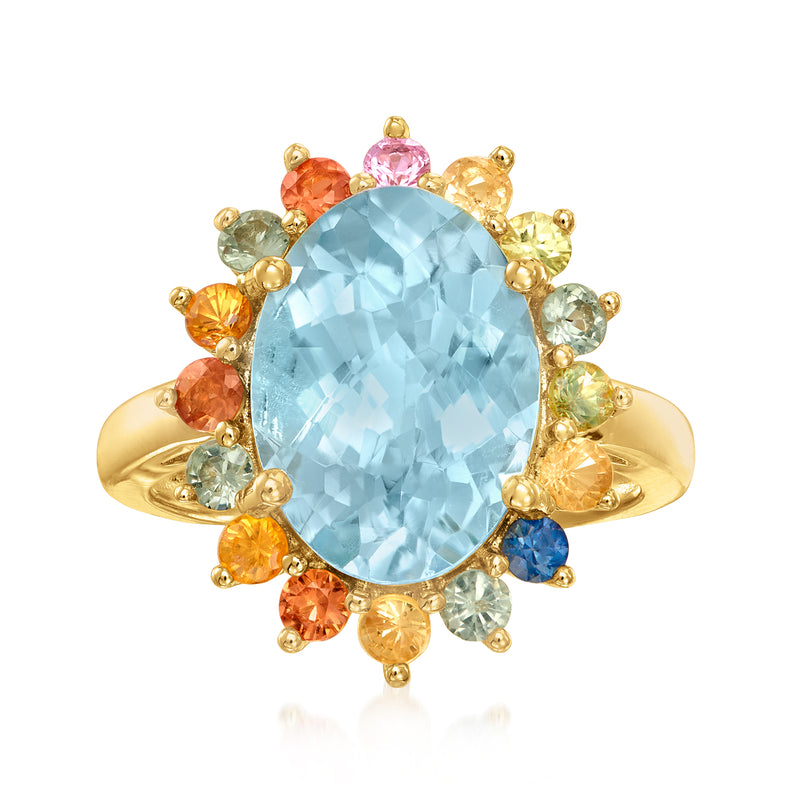 18kt gold over sterling oval sky-blue topaz ring with multicolored sapphire cluster halo