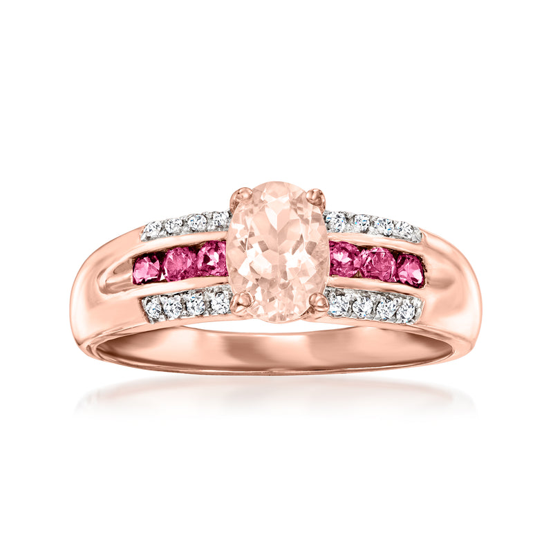 Rose gold over sterling ring with oval pink gemstone center and pink baguette side stones