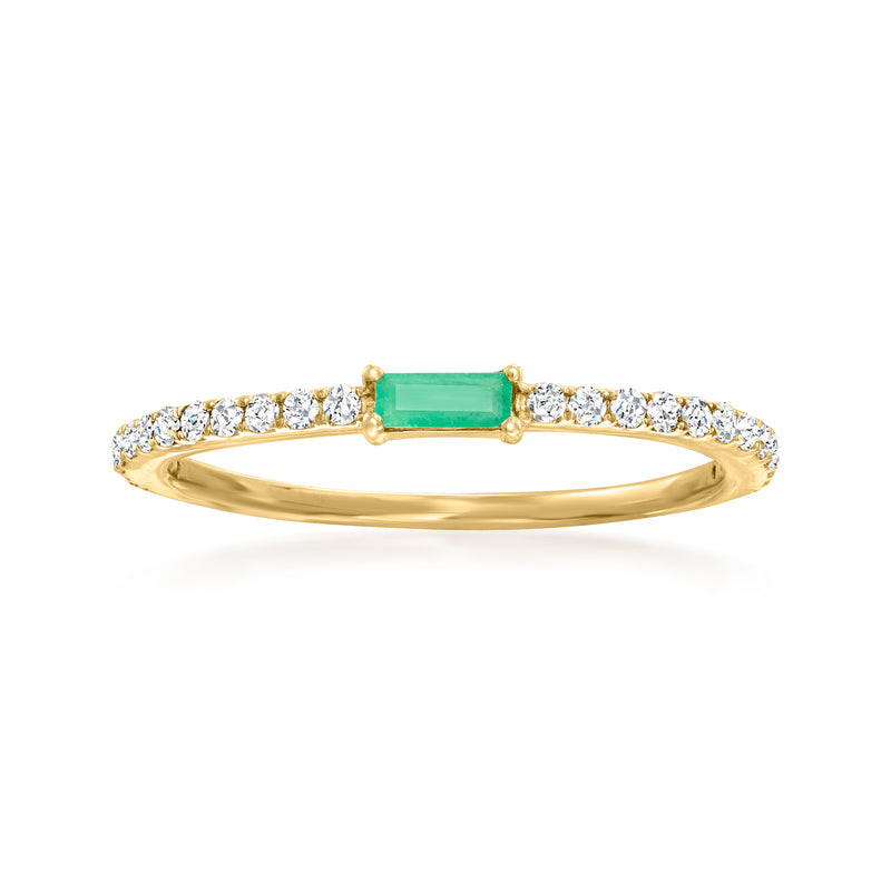 14kt yellow gold ring with square green emerald center and diamond side stones