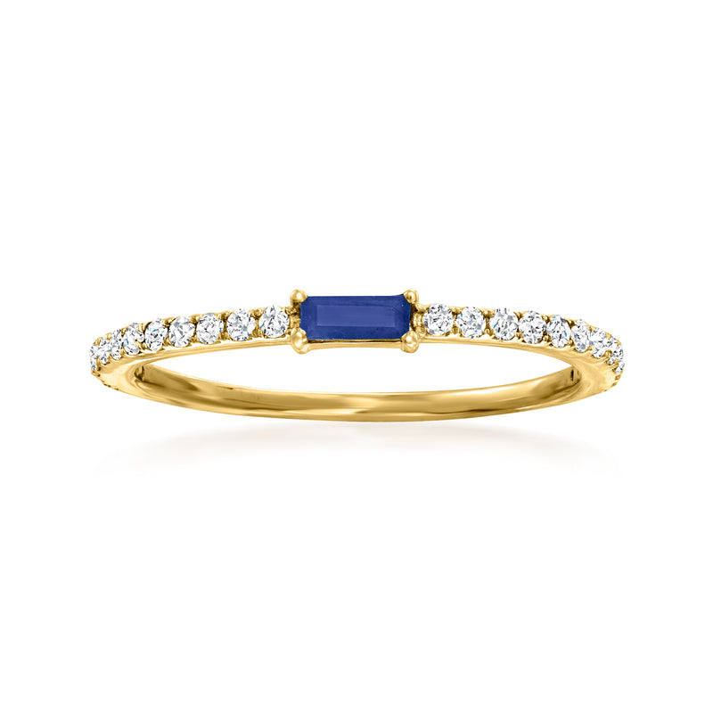 14kt yellow gold sapphire and diamond ring with rectangular blue center stone