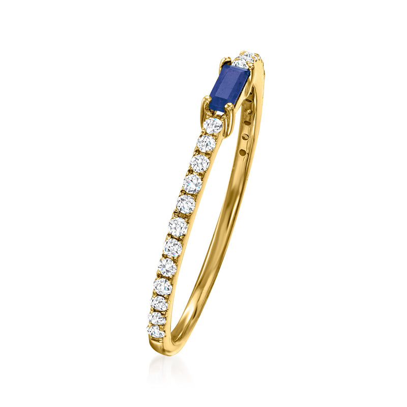 14kt yellow gold ring, vertical profile with blue sapphire and diamond accents