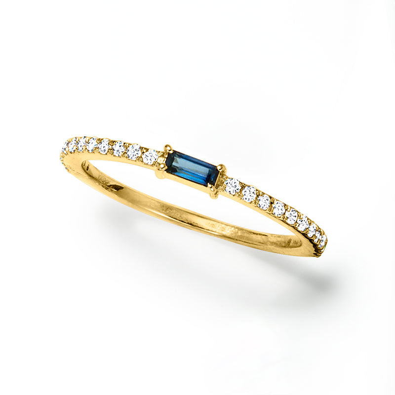 14kt yellow gold ring with rectangular blue sapphire and round diamond side stones