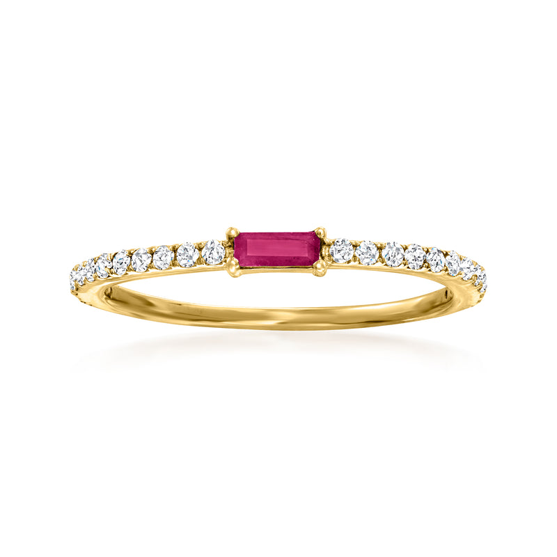 14kt yellow gold ruby and diamond ring with baguette ruby center stone