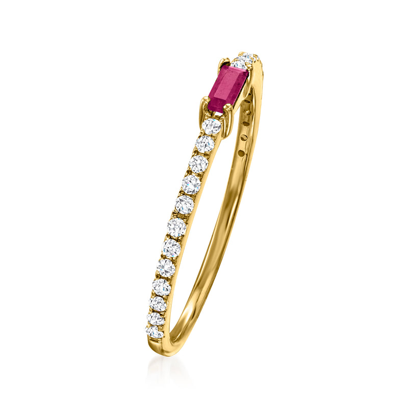 14kt yellow gold gemstone ring with square ruby setting and diamond side stones