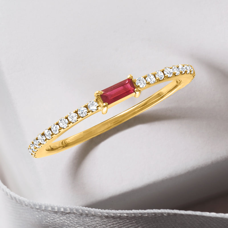 14kt yellow gold bar-style ring with square ruby center and round diamonds