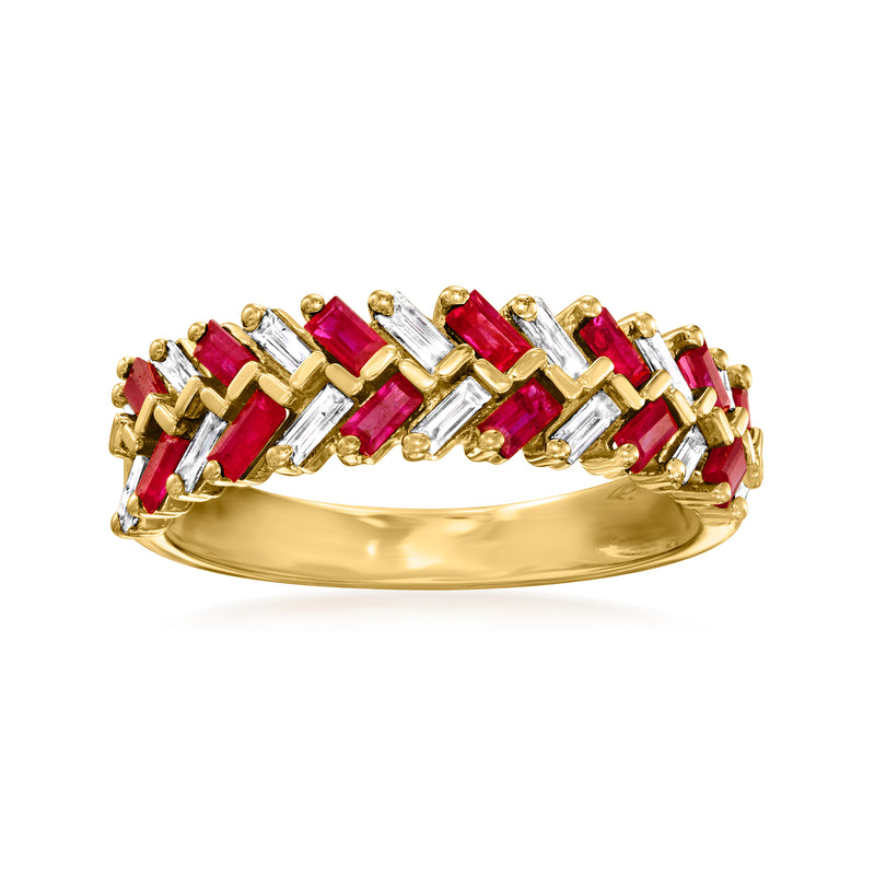 Yellow gold baguette ring with red ruby stones and clear diamond baguettes