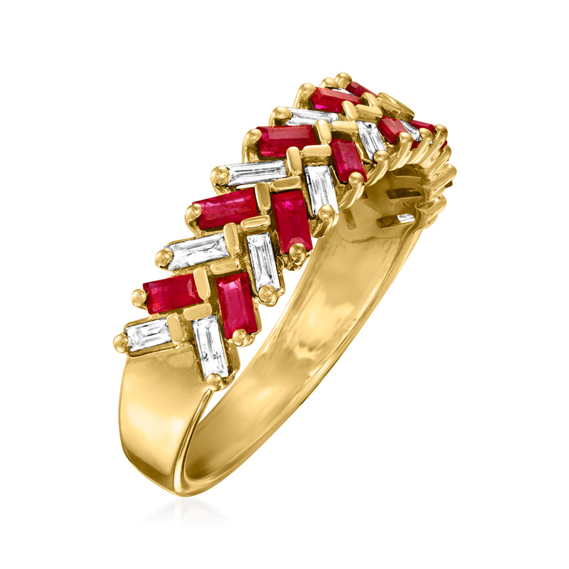 Angle view of yellow gold ruby-and-diamond baguette ring with red and clear stones