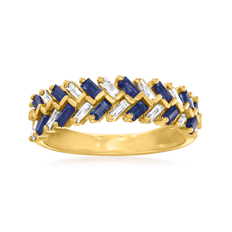 14kt yellow gold ring with blue baguette sapphires and white baguette diamonds