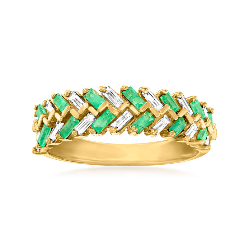 14kt yellow gold baguette diamond and emerald ring with alternating green and white stones