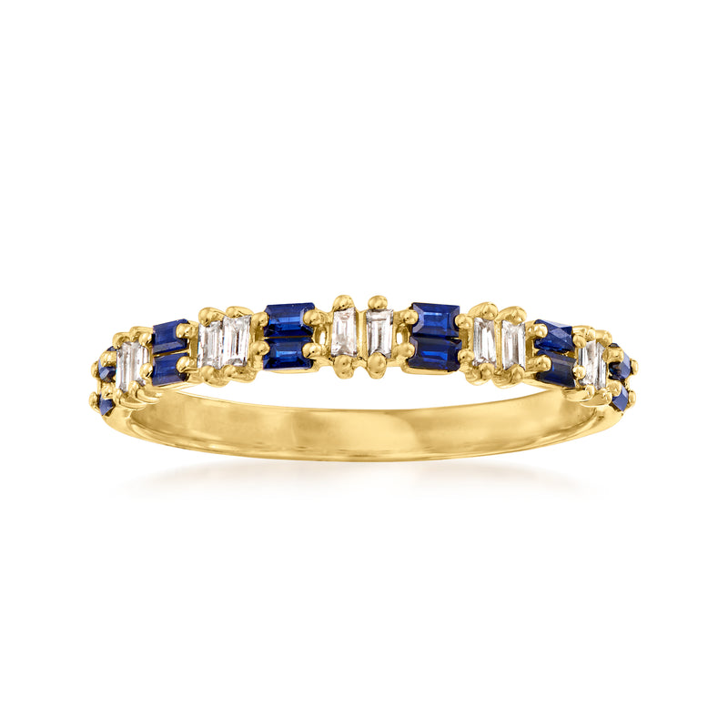 14kt yellow gold ring with blue baguette sapphires and clear baguette diamonds