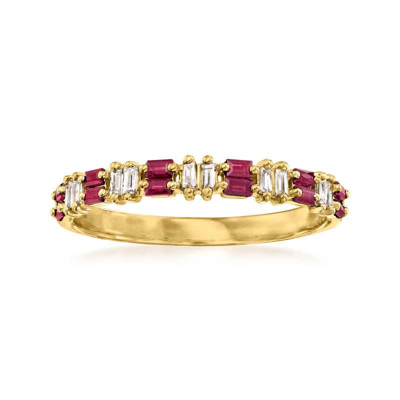 14kt yellow gold ring with ruby and diamond rectangular stones across the band