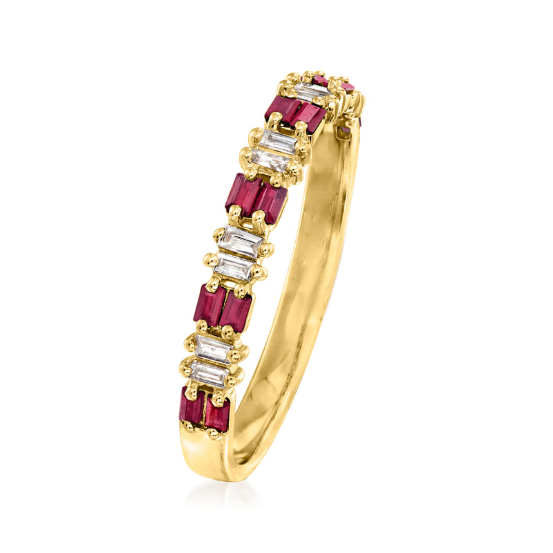 Side view of 14kt yellow gold ring with ruby and diamond rectangular stones, slim band