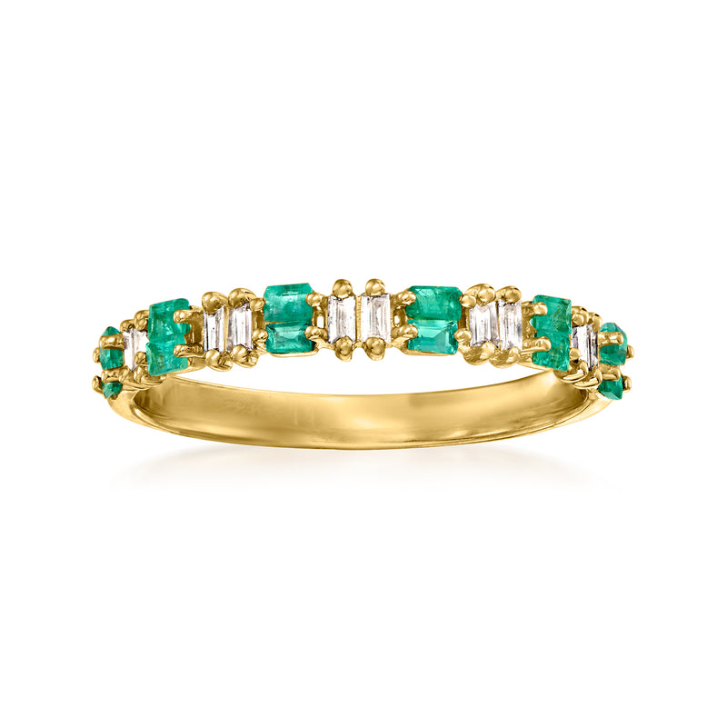 Emerald and diamond ring in 14kt yellow gold, emerald-cut green stones with bar diamonds