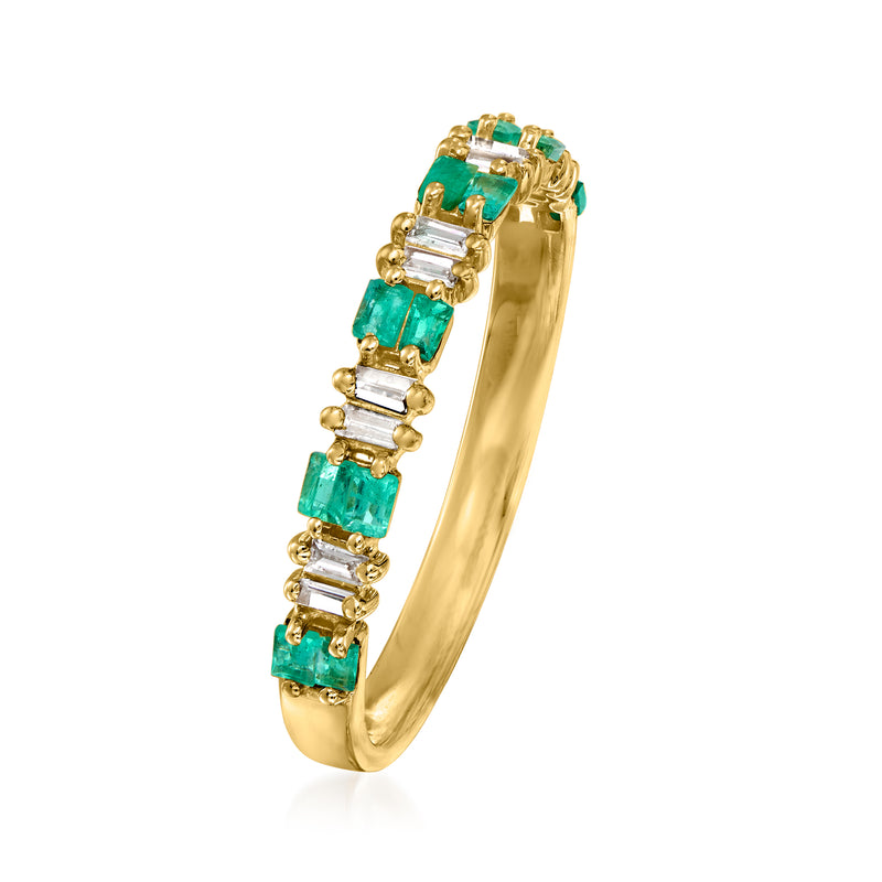 Emerald and diamond yellow gold ring with emerald-cut green stones and diamond accents, side view