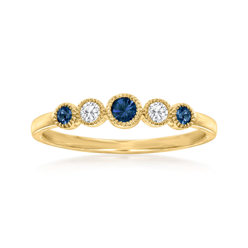 14kt yellow gold ring with alternating blue sapphire and white diamond stones