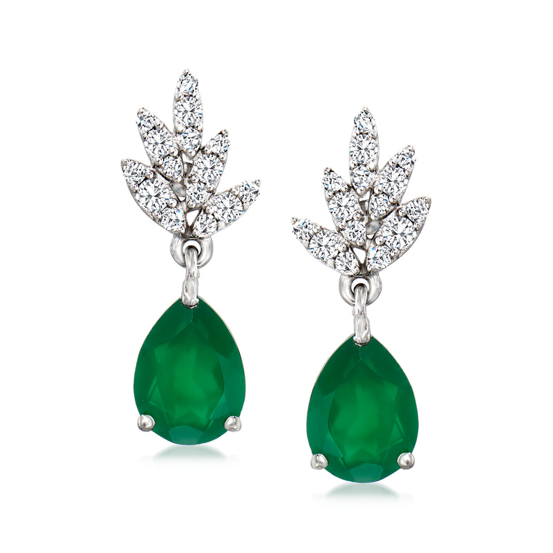 White gold leaf drop earrings with green teardrop emerald and diamond sparkle