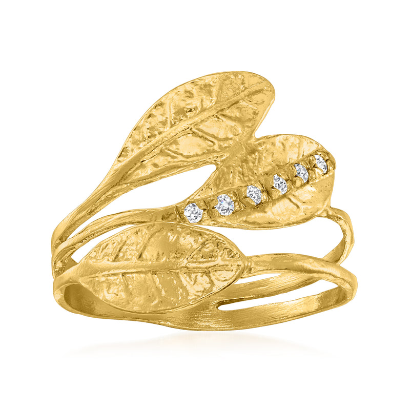Gold-tone leaf ring with three diamond-like stones on raised leaf design