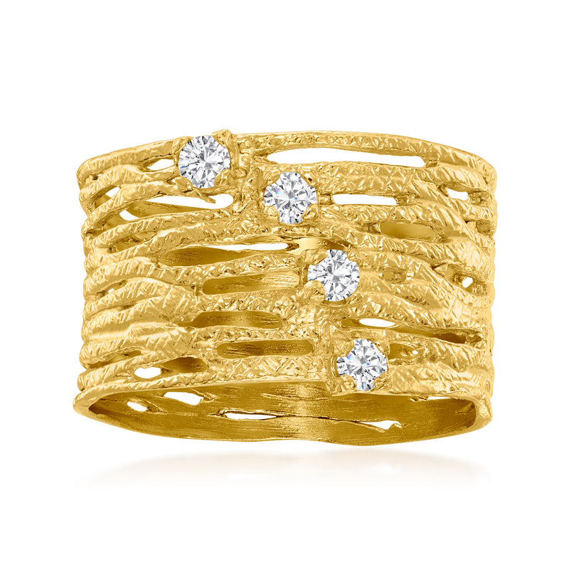 Gold textured multi-row diamond ring with three round diamond accents, wide band