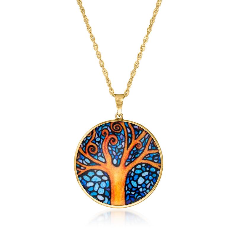 Gold-tone chain necklace with round blue Tree of Life Murano glass pendant