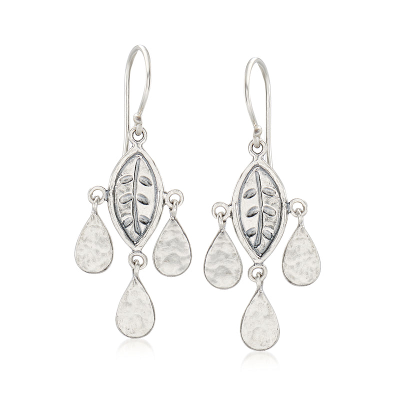 Sterling silver leaf drop earrings with dangling teardrop charms and ear wires