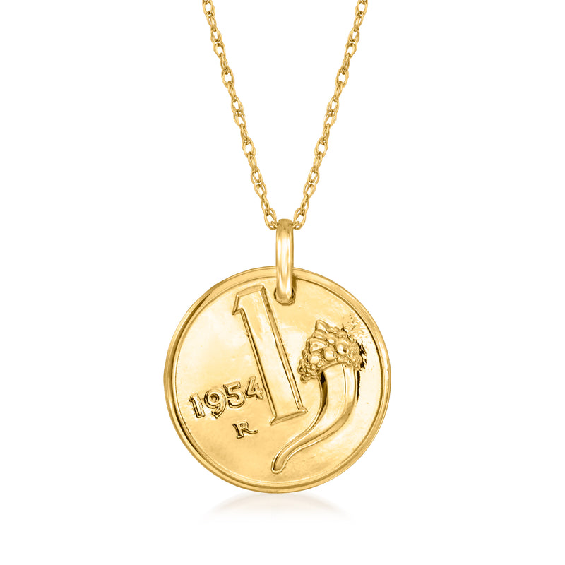 Yellow gold-tone coin pendant necklace with 1954 1 Lira coin design on round medallion