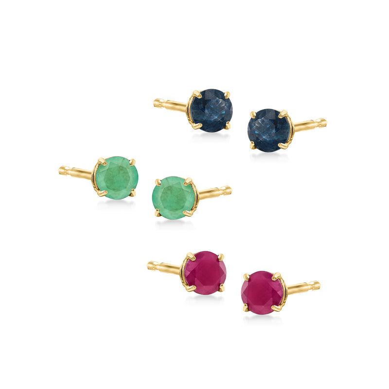 Three-pair 14kt yellow gold stud earrings with blue, green, and pink gemstones