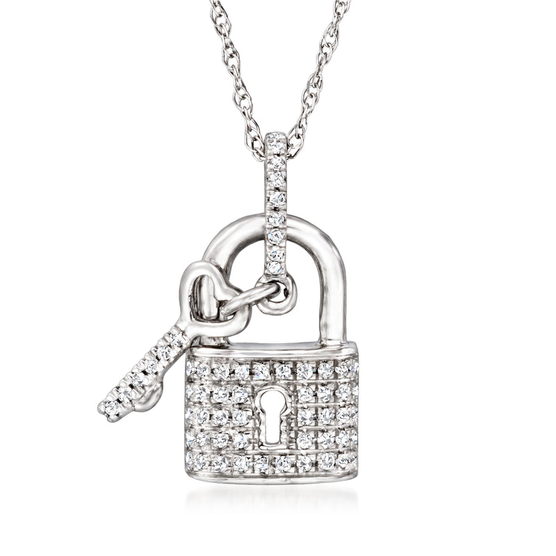 Diamond lock and heart key pendant necklace in white gold