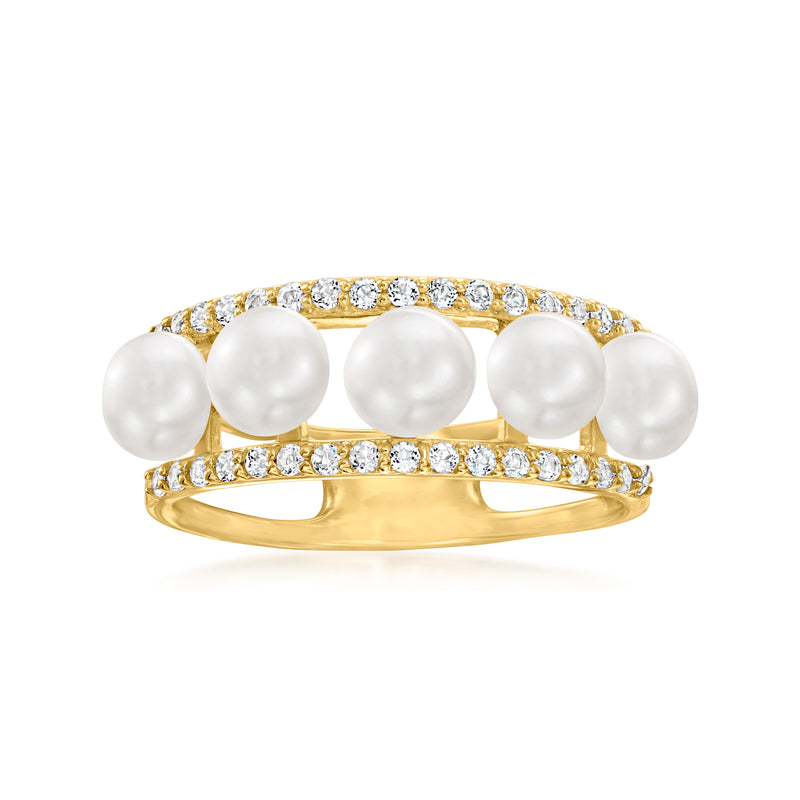 Gold pearl and topaz ring with five white cultured pearls and clear stone halo