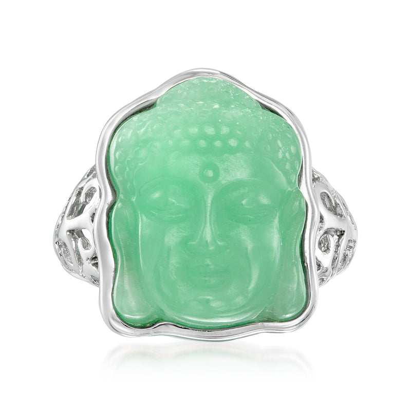Sterling silver ring with green jade Buddha face centerpiece