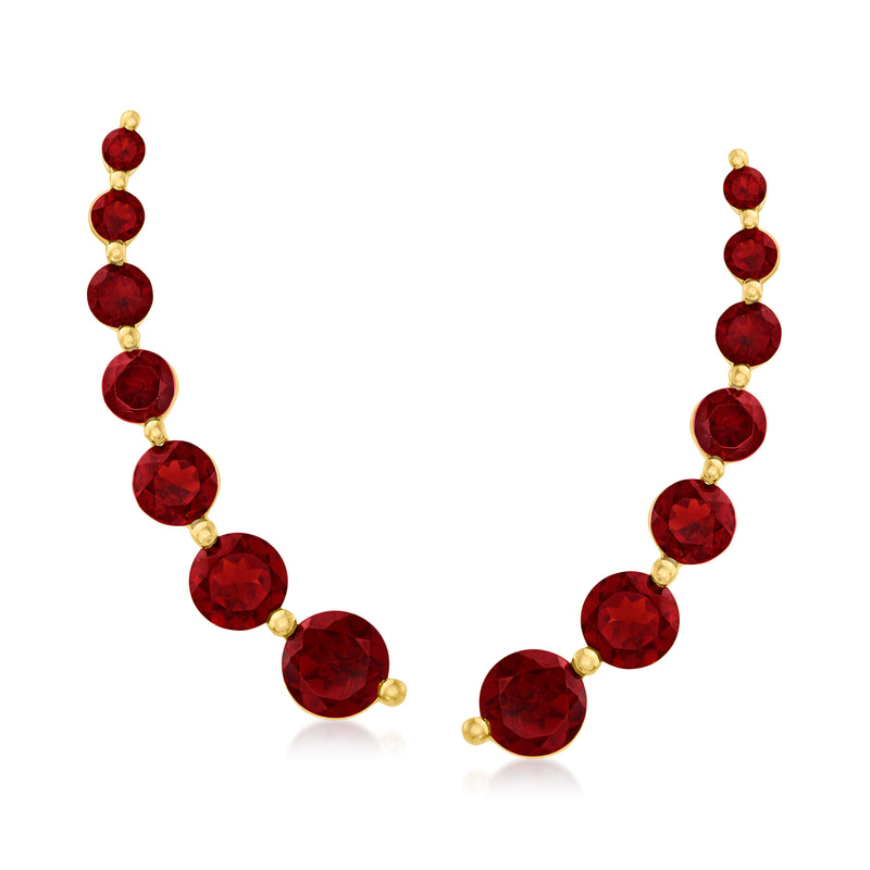 Garnet ear climber earrings with round red stones and gold-tone posts