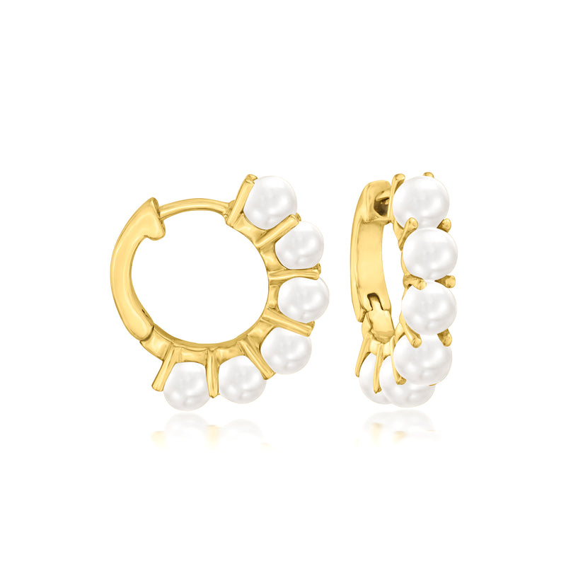 14kt yellow gold pearl huggie hoop earrings with 3mm cultured pearls