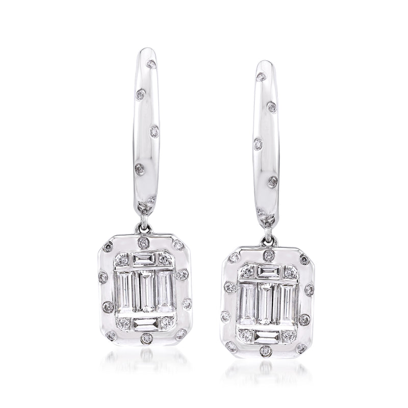 Diamond cluster drop earrings in 18k white gold, rectangular center with halo studs