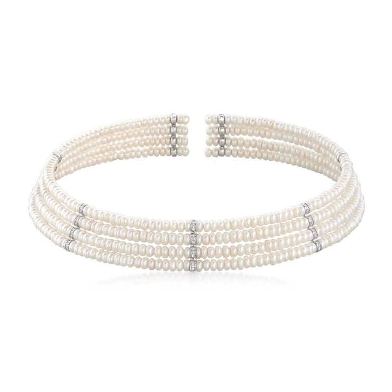 Multi-row cultured pearl choker necklace with central diamond accents