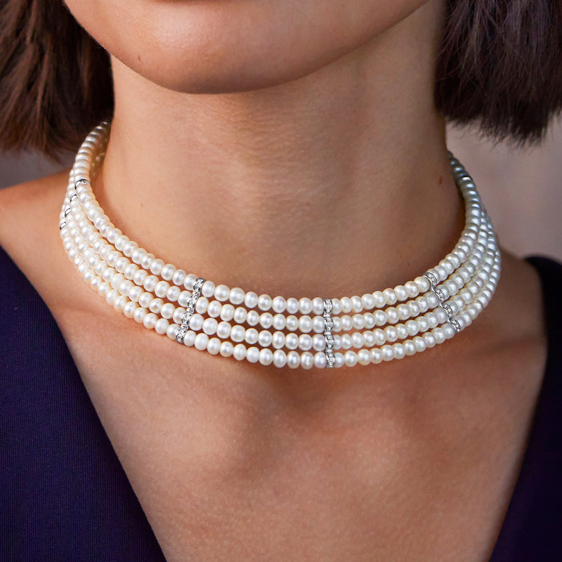 Multi-row pearl choker with small round diamond accents on the center
