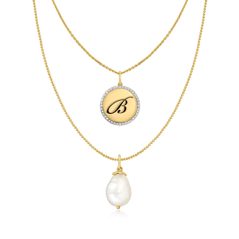 Gold layered initial B necklace with round diamond halo pendant and baroque pearl drop