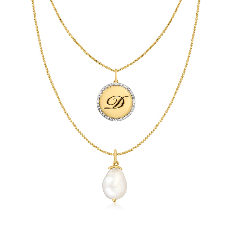 Gold layered initial D necklace with round diamond halo pendant and baroque pearl drop