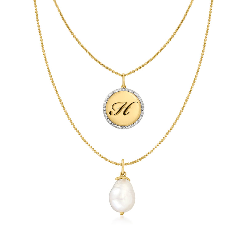 Gold layered initial H necklace with round diamond halo pendant and baroque pearl drop