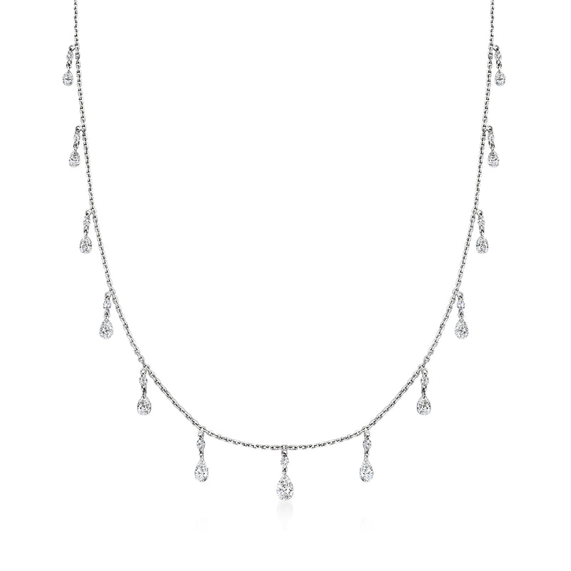 18kt white gold diamond station necklace with teardrop drops along the chain