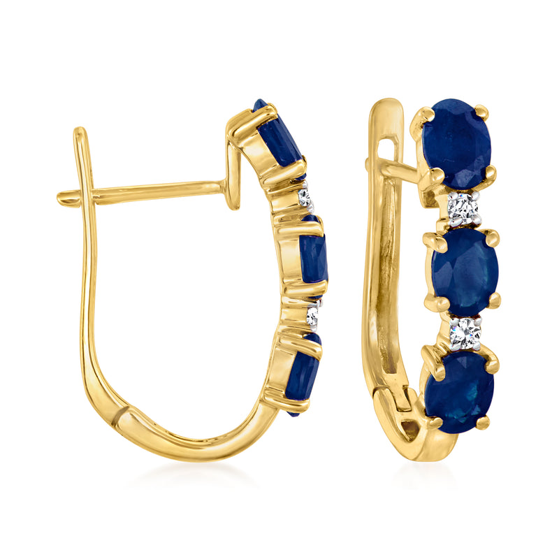 14kt yellow gold hoop earrings with blue sapphire drops and diamond accents